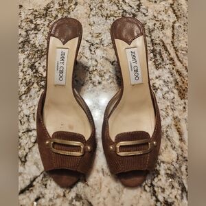 Jimmy Choo Shoes, Brown Leather Lizard Pattern, Slide Heeled Sandals Sz 39 / 9